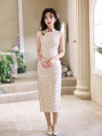 Polka-Dot Modern Qipao | Ivory with Burgundy Dots