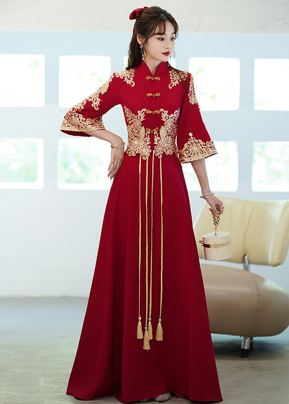 Plus-Size Burgundy Xiuhe Toast Dress | Gold Embroidered Mandarin Collar