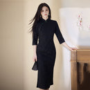 Black Tonal Floral Qipao | Three-Quarter Sleeve Cheongsam Dress