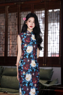 New Chinese Vintage Oil-Paint Floral Qipao Dress Black Base Blue Burgundy