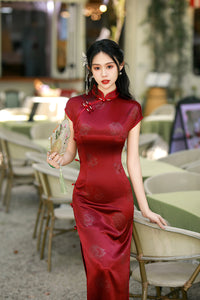 Wine Red Jacquard Satin Qipao Dress | Mandarin Collar Slim Split Cheongsam Evening Gown