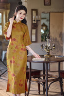 Mustard Yellow Ink-Wash Floral Qipao Dress | Mandarin Collar Frog Buttons