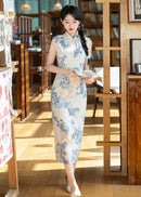 Sleeveless Blue-and-White Porcelain Qipao | Slim Midi Mandarin Collar
