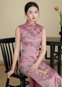 Pink Jacquard Peony Qipao Dress | Sleeveless Mandarin Collar Slim Midi Cheongsam
