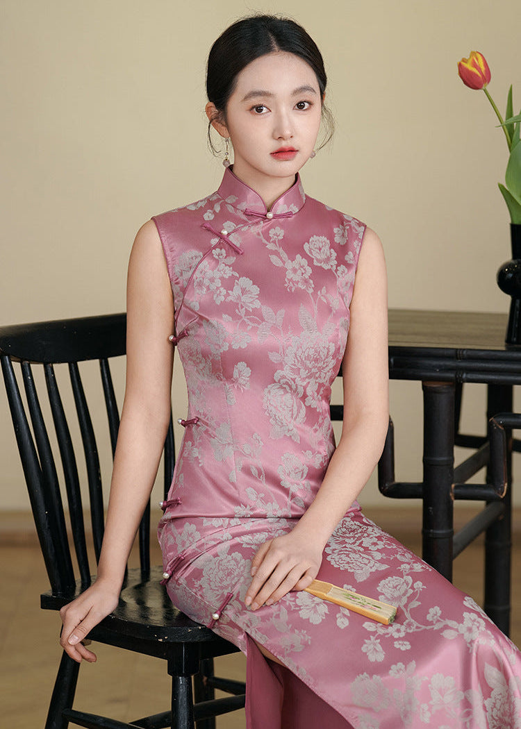 Pink Jacquard Peony Qipao Dress | Sleeveless Mandarin Collar Slim Midi Cheongsam