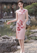 New Chinese Dusty Pink Embroidered Qipao Dress | Mandarin Collar Slim Midi with Side Slit
