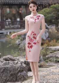 New Chinese Dusty Pink Embroidered Qipao Dress | Mandarin Collar Slim Midi with Side Slit