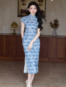 Spring Elegant Qipao Midi | Ice-Blue Geometric Print