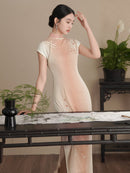 Traditional Half-Mandarin Jacquard Qipao | Vintage Style Pink Dress with Side Slit | Slim Fit Design