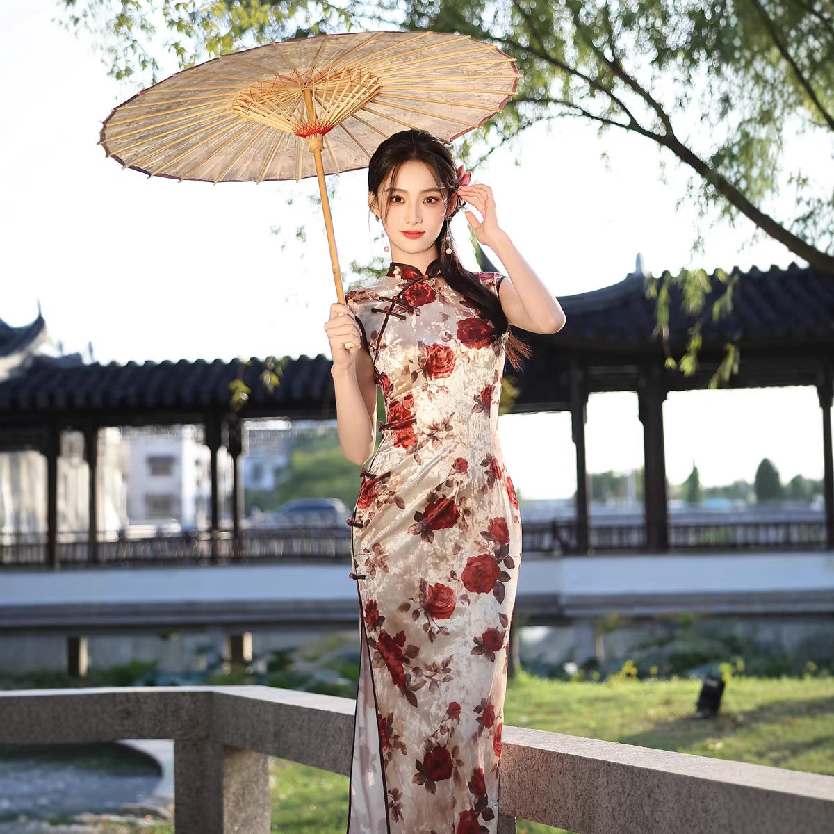 Ivory & Burgundy Rose Floral Qipao Dress | Vintage Slim Mandarin Collar Maxi Cheongsam