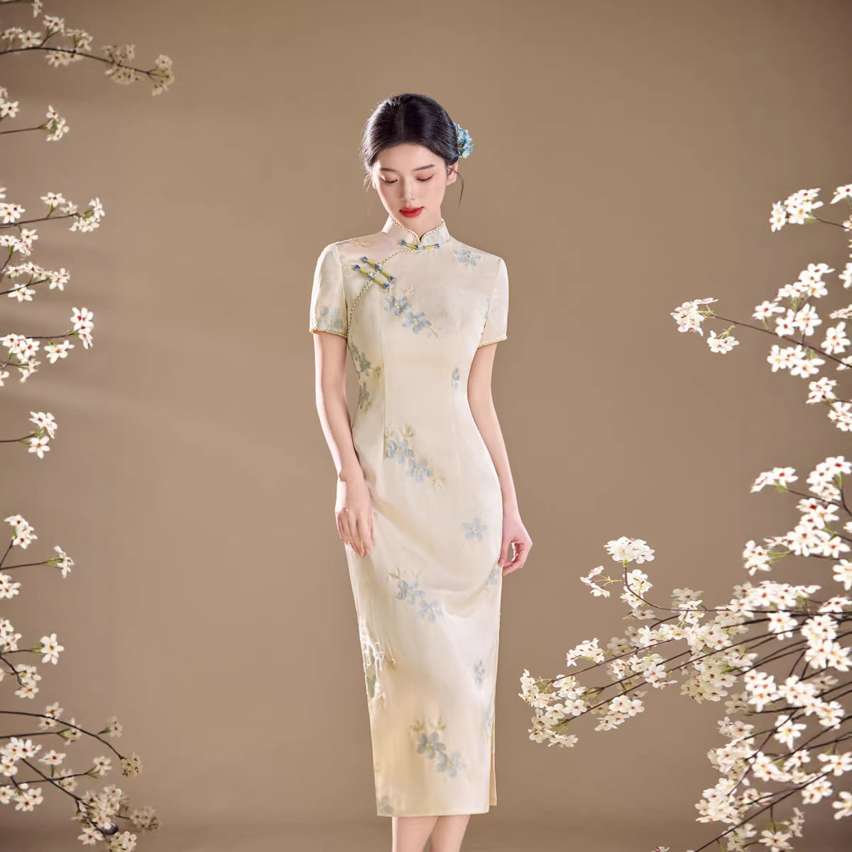 Ivory Blue Floral Embroidered Short Sleeve Qipao Maxi Dress | Mandarin Collar Slit Cheongsam