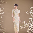 Ivory Blue Floral Embroidered Short Sleeve Qipao Maxi Dress | Mandarin Collar Slit Cheongsam