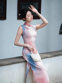 Watercolor Ombre Sleeveless Qipao Maxi | Pink–Blue Mandarin Collar
