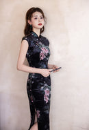 Black Vintage Floral Qipao Maxi | Mandarin Collar & Frog Buttons