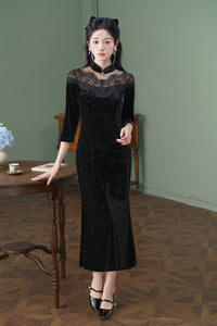 Black Lace-Paneled Qipao | Modern Mandarin, Slim Mid-Length Evening Dress