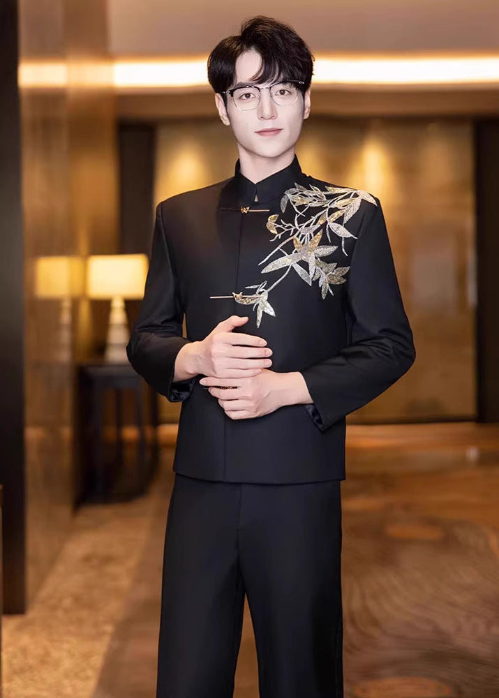 Men’s Black Bamboo Embroidery Zhongshan Suit