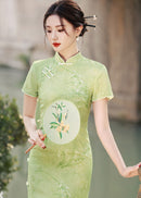 Modern Chinese Light Green Jacquard Qipao Dress | Mandarin Collar Frog Buttons Slim Side Slit Maxi