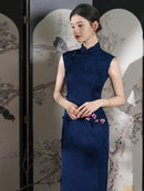 New Chinese Style Blue Sleeveless Full-Front Qipao | Traditional Elegant Floor-Length Design