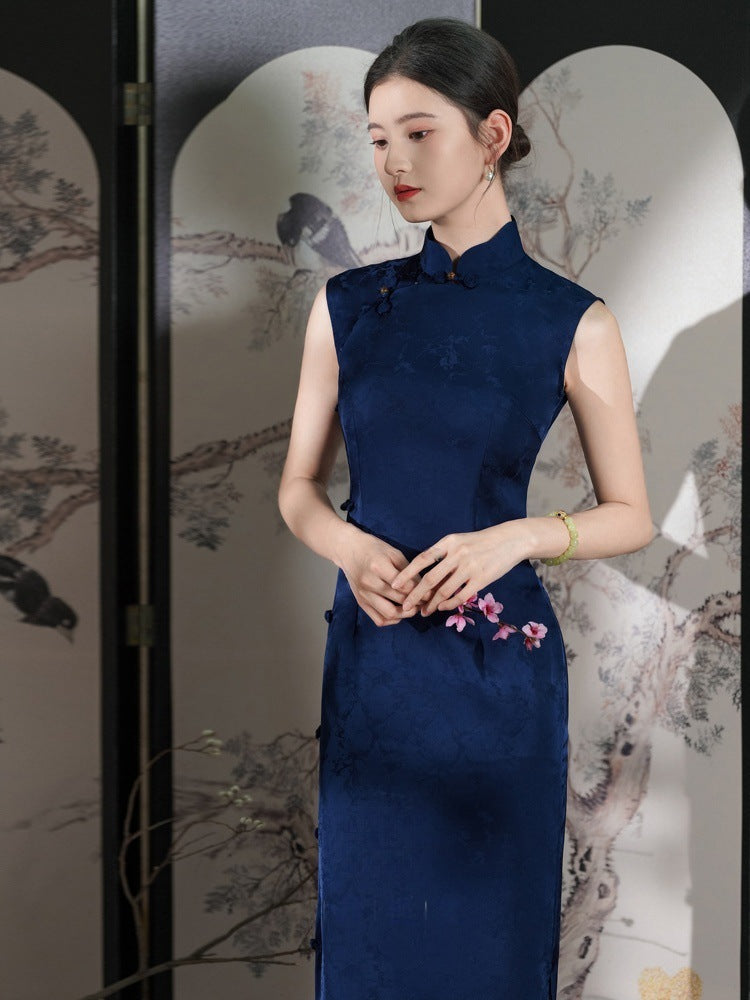 New Chinese Style Blue Sleeveless Full-Front Qipao | Traditional Elegant Floor-Length Design