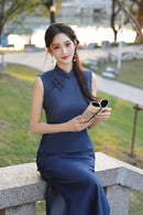 Deep Navy Minimalist Sleeveless Qipao Dress | Mandarin Collar Slim Maxi Cheongsam