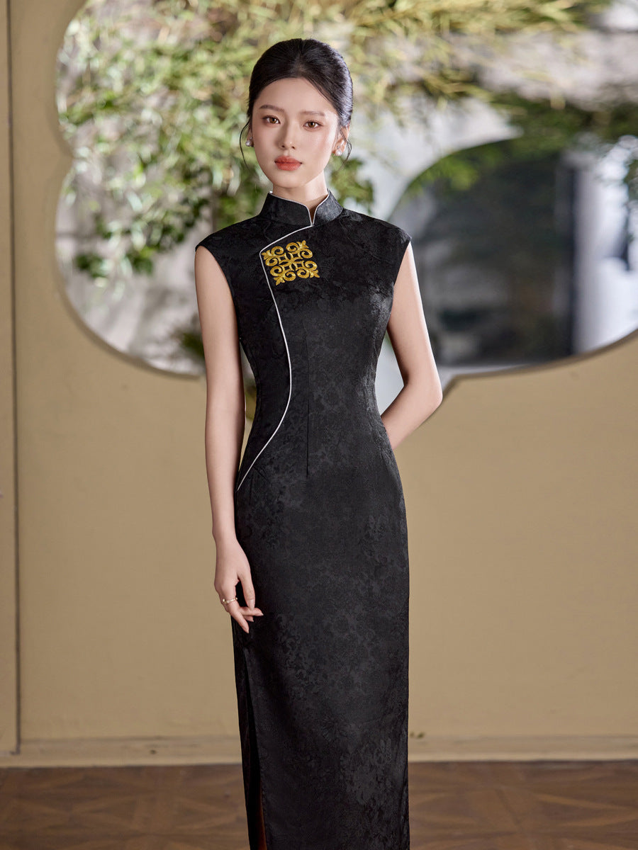 Black Gold Embroidered Sleeveless Long Qipao Dress | Elegant Side Slit Cheongsam Gown | Banquet Evening Wear