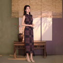 Vintage Purple & Black Checker Jacquard Sleeveless Qipao Dress | Mandarin Collar Slim Midi Cheongsam