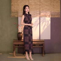 Vintage Purple & Black Checker Jacquard Sleeveless Qipao Dress | Mandarin Collar Slim Midi Cheongsam