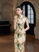 Floral Silk Cheongsam Dress, Traditional Chinese Silk Qipao, Elegant Silk Dress with Floral Print