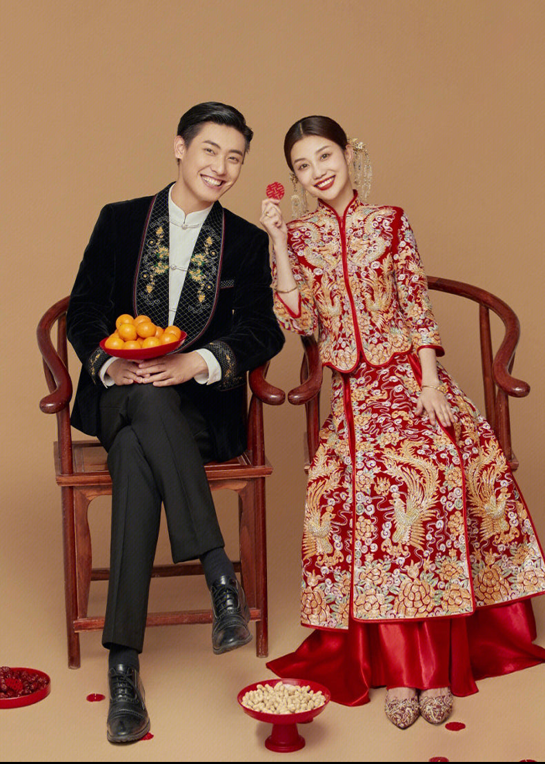 Winter Bridal Dragon-Phoenix Qun Gua | Heavy Goldwork Embroidery