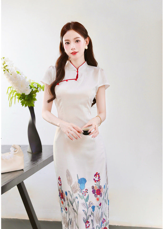 Summer New-Chinese Qipao Dress | Ivory Floral Print