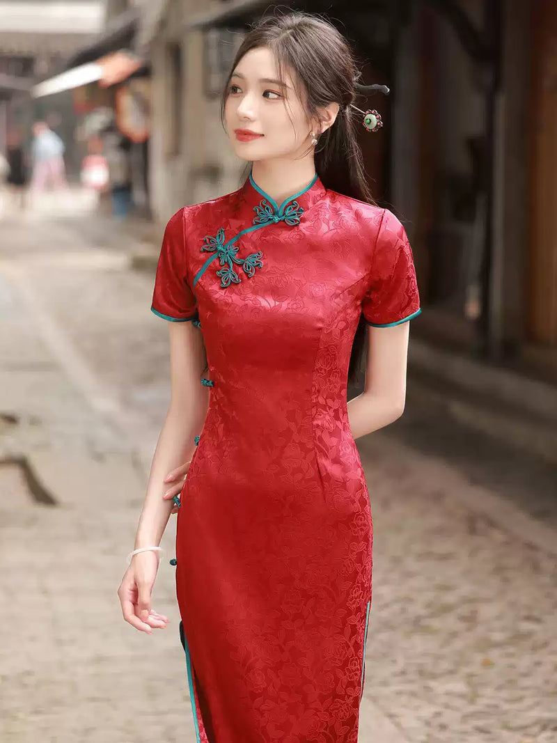 Vintage Chinese Jacquard Qipao Dress | Slim Fit Mandarin Collar Cheongsam