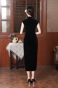 Black Floral-Embroidered Modern Qipao Midi | Mandarin Collar