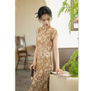 Champagne Gold Jacquard Qipao Dress | Sleeveless Mandarin Collar Slim Waist Long Cheongsam