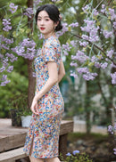 Fresh Multicolour Floral Short Qipao Dress | Summer Short Sleeve Mandarin Collar Slim Midi Cheongsam