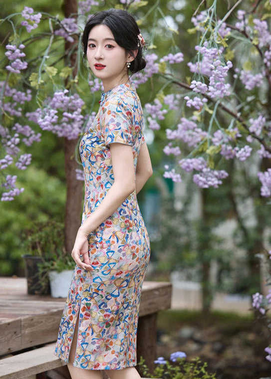 Fresh Multicolour Floral Short Qipao Dress | Summer Short Sleeve Mandarin Collar Slim Midi Cheongsam