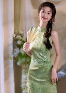 Cool-Green Modern Chinese Qipao | Sleeveless Mandarin Maxi Dress