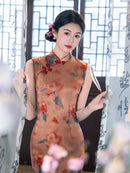 Dusty Rose Mist Floral Sleeveless Qipao Dress | Mandarin Collar Slim Midi Cheongsam