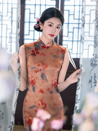 Dusty Rose Mist Floral Sleeveless Qipao Dress | Mandarin Collar Slim Midi Cheongsam