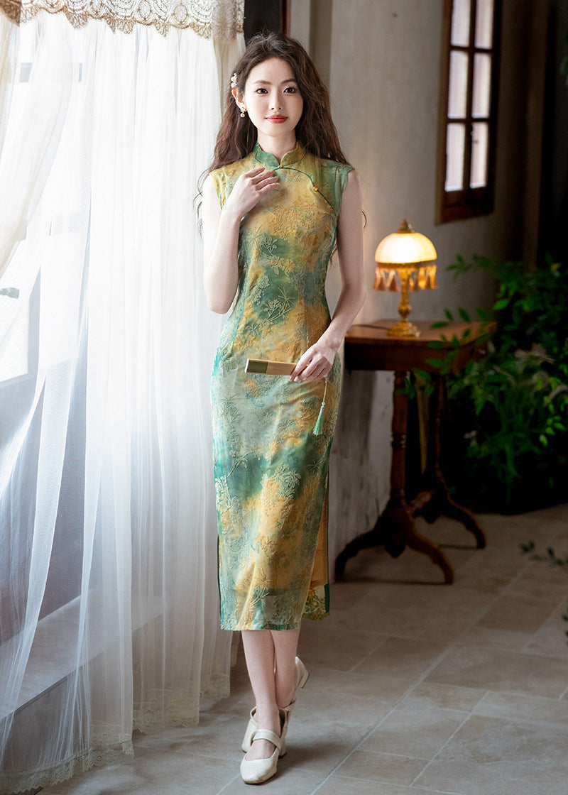 Vintage Yellow & Green Gradient Qipao Long Slim Dress