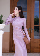Modern Vintage-Inspired Purple Jacquard Satin Qipao | Mandarin Collar Long Sleeves