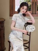Ivory Jacquard Qipao | Mandarin Collar Slim Midi Dress