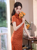 Rust Orange Jacquard Qipao Dress Short Sleeve Slim Mandarin Collar