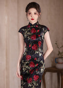 Velvet Rose-Embroidered Qipao | Black with Red Florals