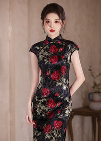 Velvet Rose-Embroidered Qipao | Black with Red Florals