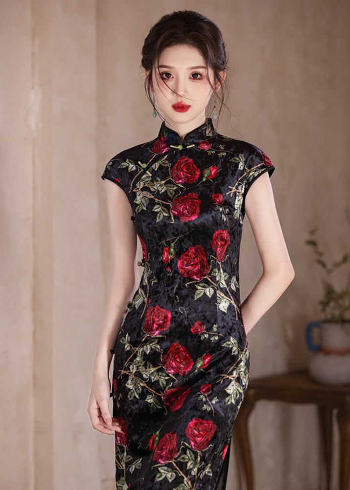 Velvet Rose-Embroidered Qipao | Black with Red Florals