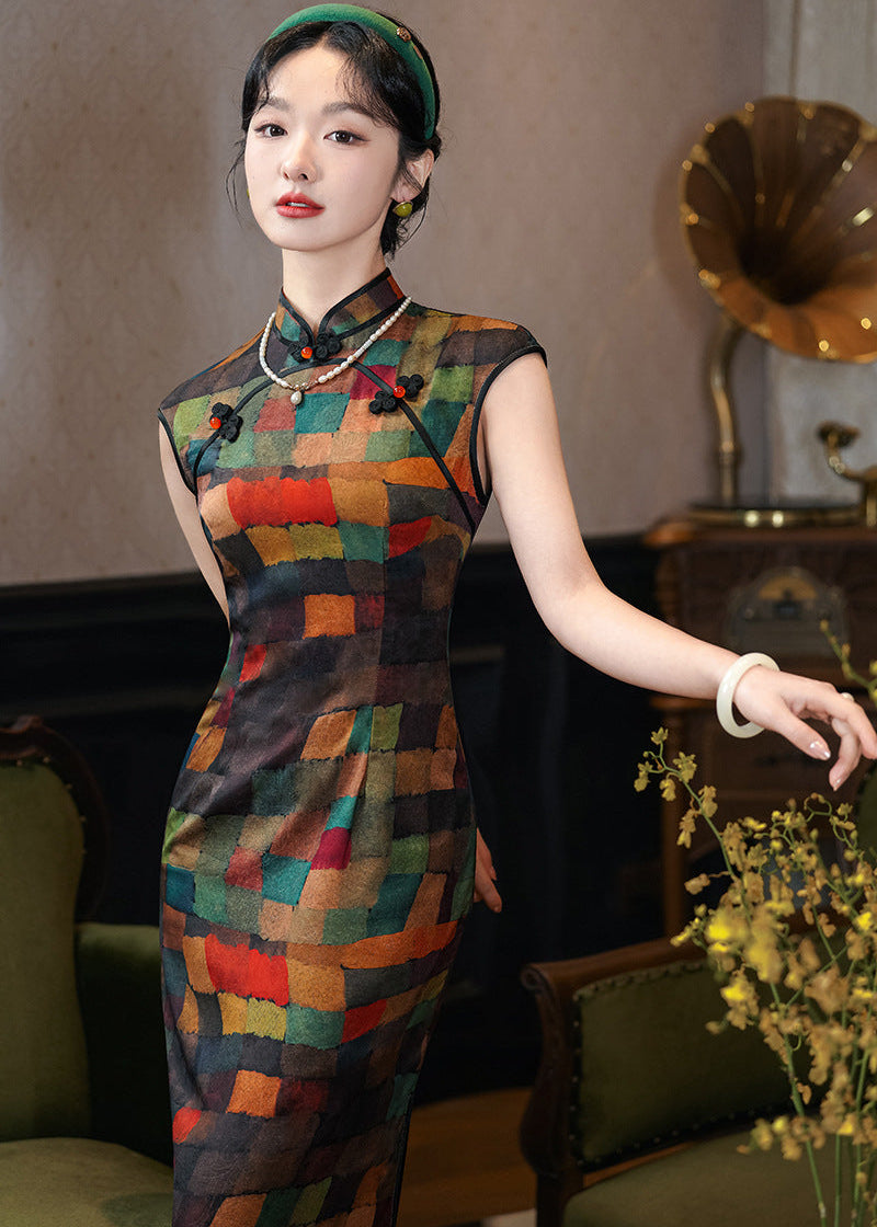 Colorful Sleeveless Plaid Qipao Dress