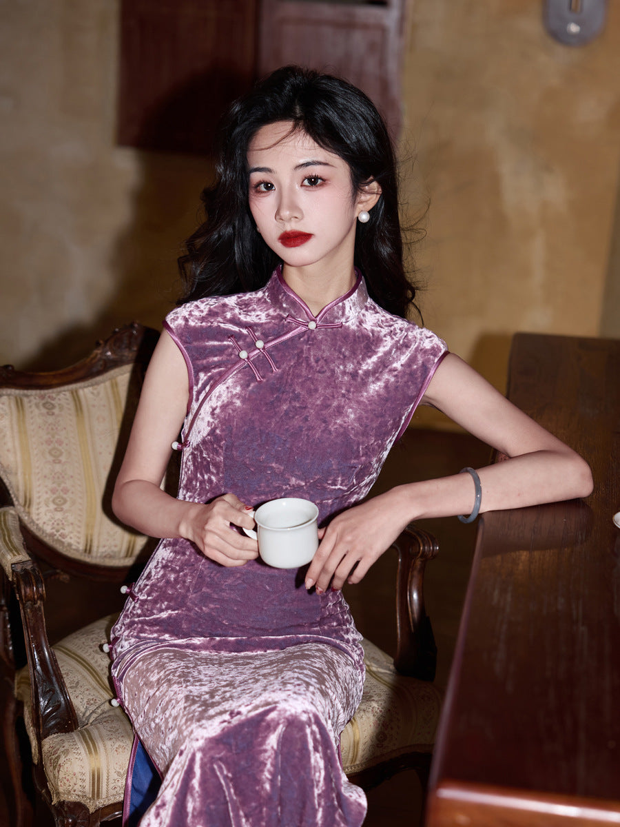 Purple Qipao Dress Slim-Fit Maxi Cheongsam with Mandarin Collar Frog Buttons