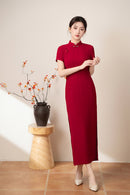 Red Slim Short-Sleeve Long Qipao Dress | Mandarin Collar Frog Button Side Slit Gown