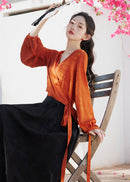 Modern Hanfu Mamian Skirt Set | Jacquard Wrap V-Neck Top with Lantern Sleeves