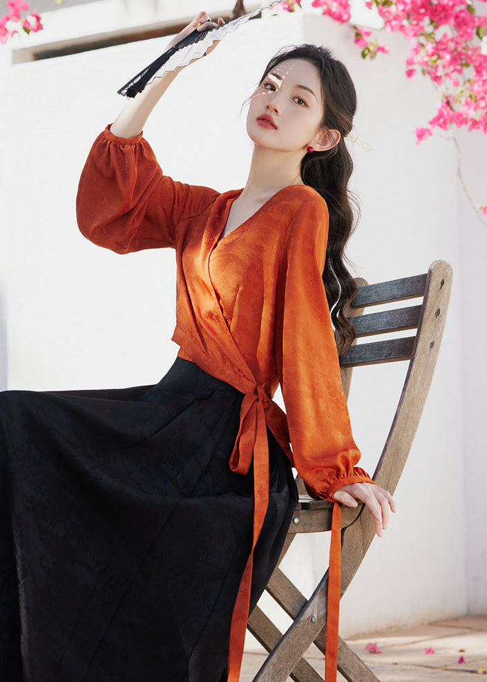 Modern Hanfu Mamian Skirt Set | Jacquard Wrap V-Neck Top with Lantern Sleeves